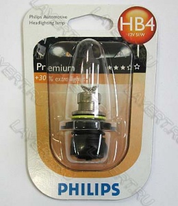 Автолампа HB4/9006 (55) P22d+30% Vision (блистер)12V Philips 9006PRB1