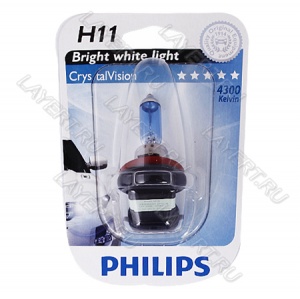 Автолампа H11(55) PGJ19-2 Cristal Vision 4300K (блистер) 12V Philips 12362CVB1