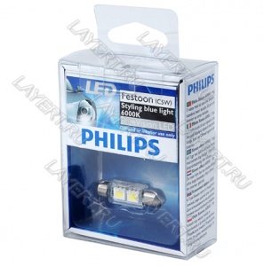 Автолампа C5W (SV8.5/8) 38мм 2 SMD Blue Vision LED 6000K 12V Philips 128596000KX1
