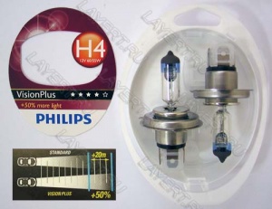Автолампа H4 (60/55) P43t-38+60% Vision Plus к-т(2 шт) 12V Philips 12342VPS2