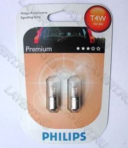 Автолампа T4W (BA9s) Premium блистер) (2шт) 12V Philips 12929B2